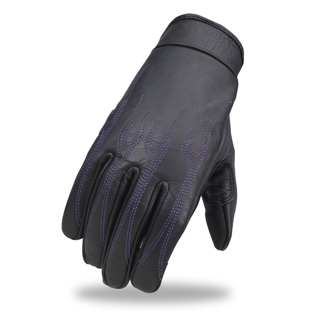 Black glove with purple stitching on a white background