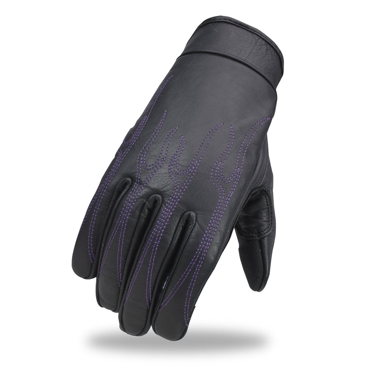 Black glove with purple stitching on a white background