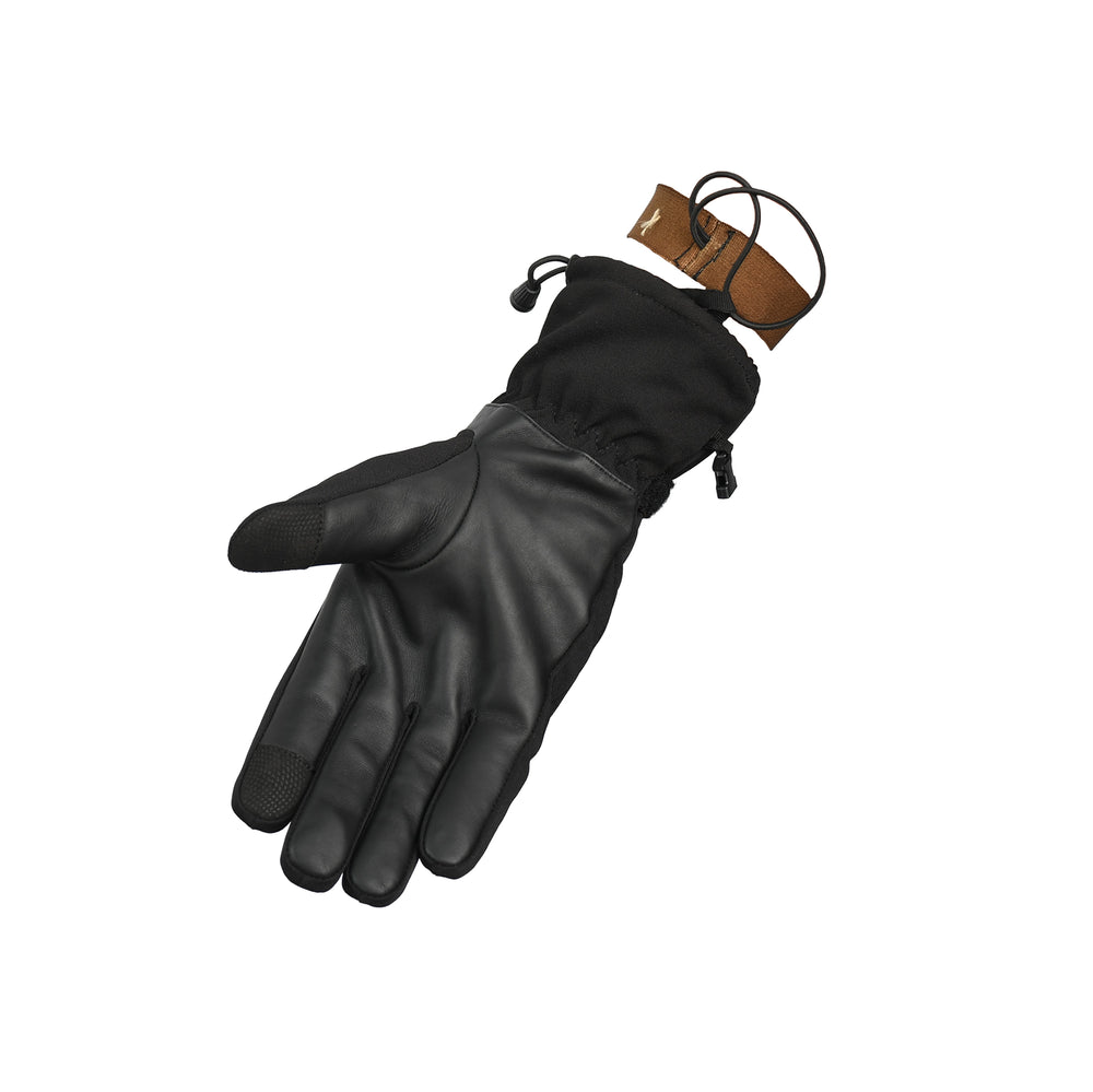 Black glove with brown leather strap on a white background