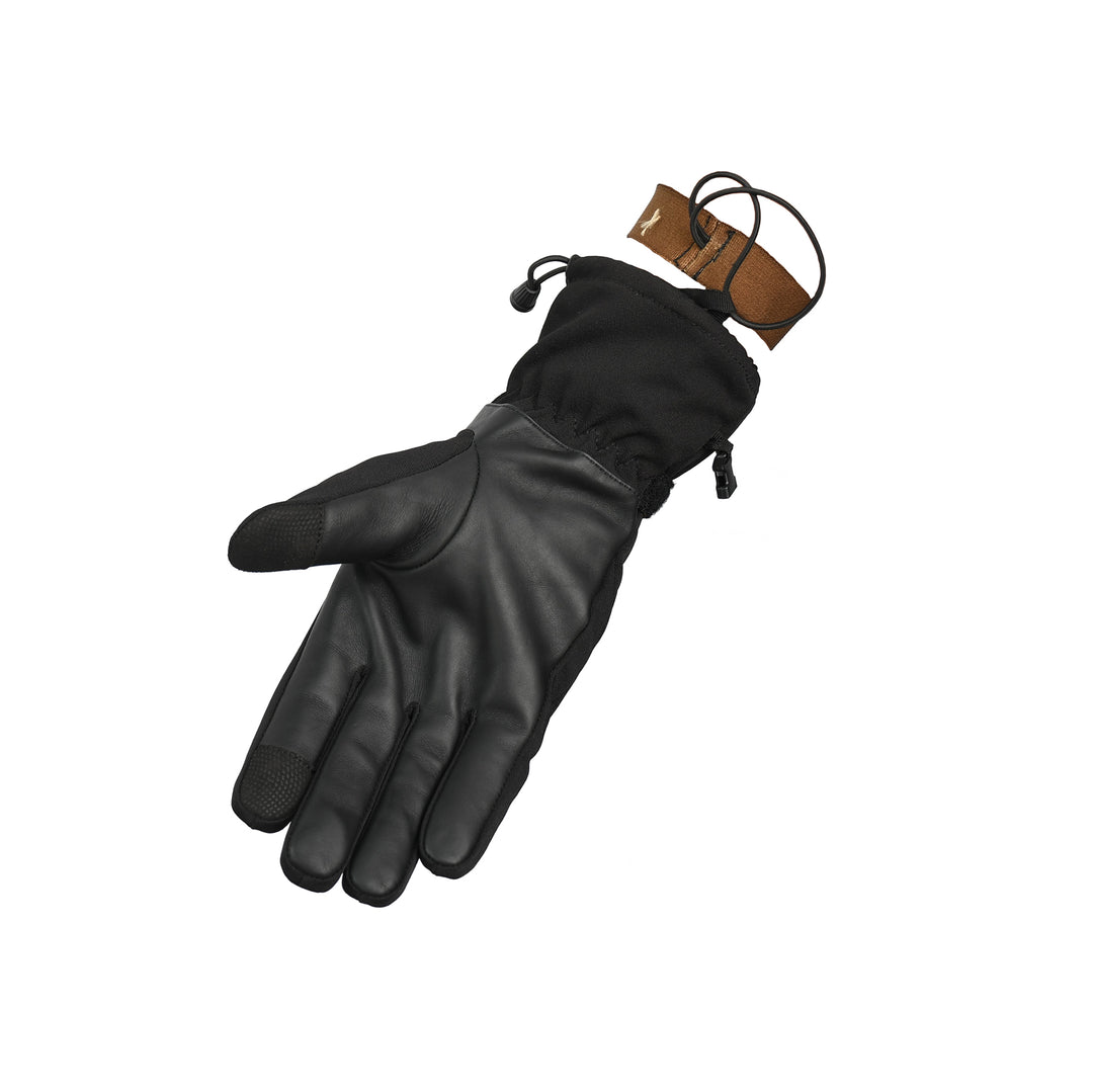 Black glove with brown leather strap on a white background