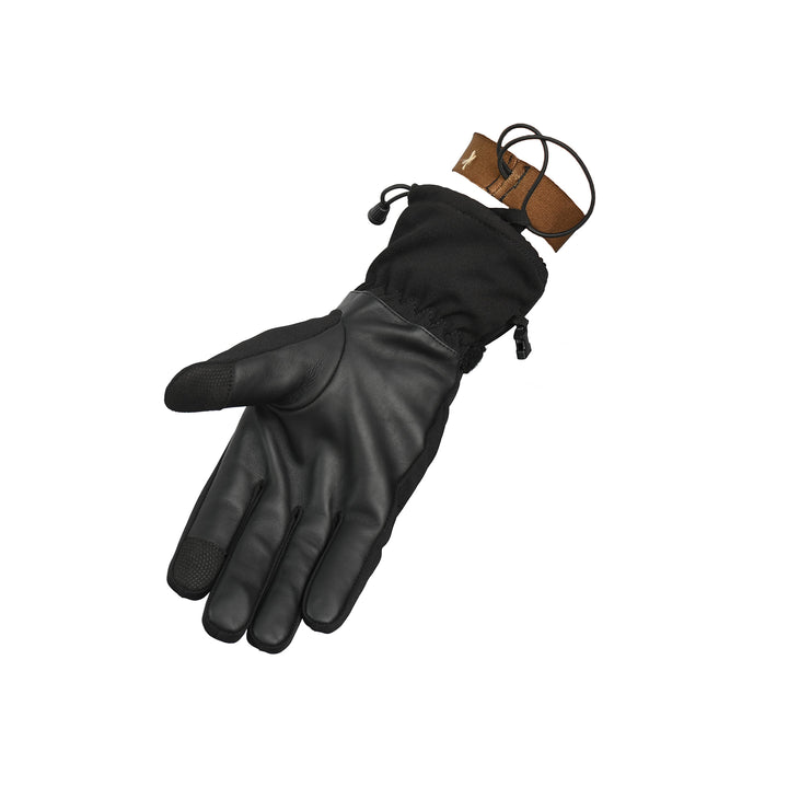 Black glove with brown leather strap on a white background