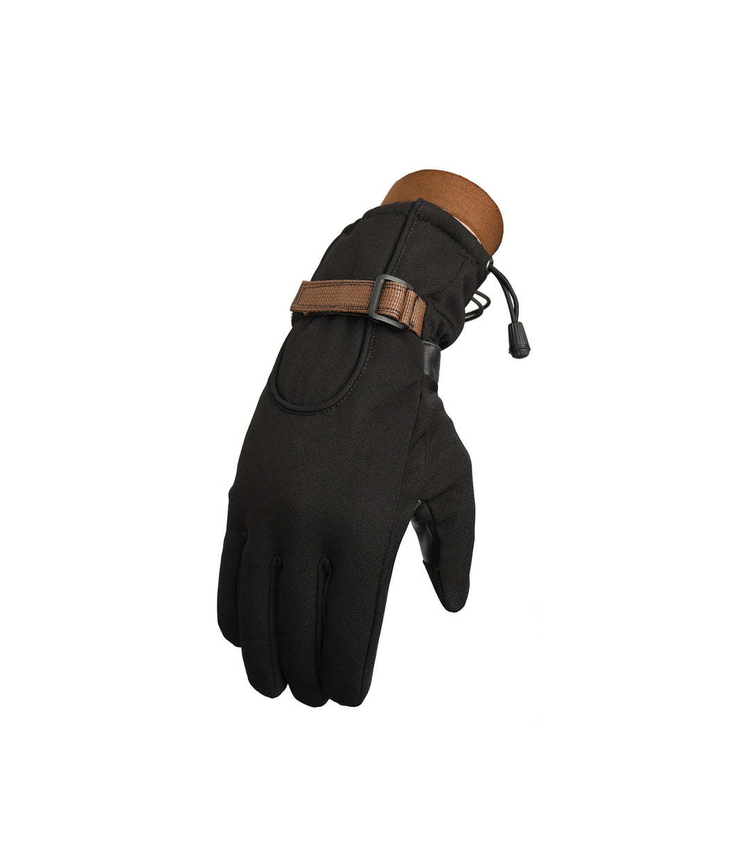 Black glove with brown leather strap on a white background