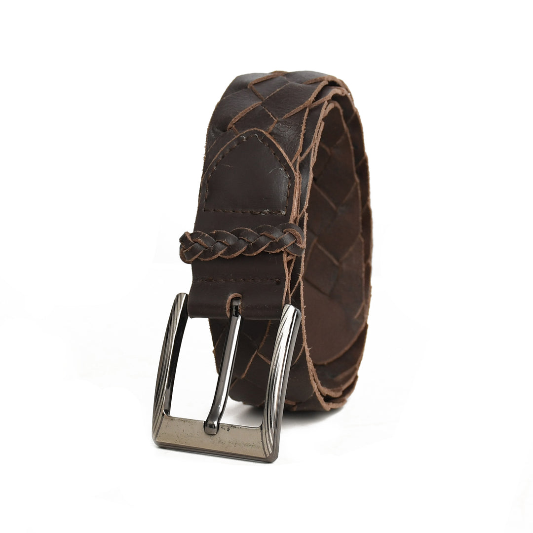 Brown leather belt with braided design and silver buckle on a white background