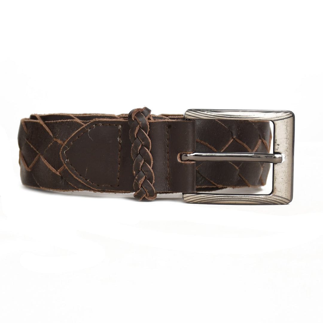 Brown leather belt with braided design and silver buckle on a white background