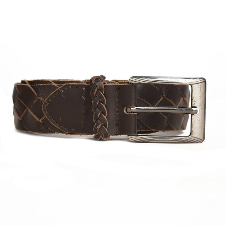 Brown leather belt with braided design and silver buckle on a white background