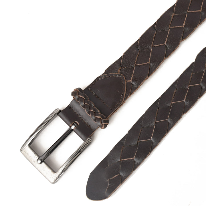 Brown braided leather belt with a silver buckle on a white background