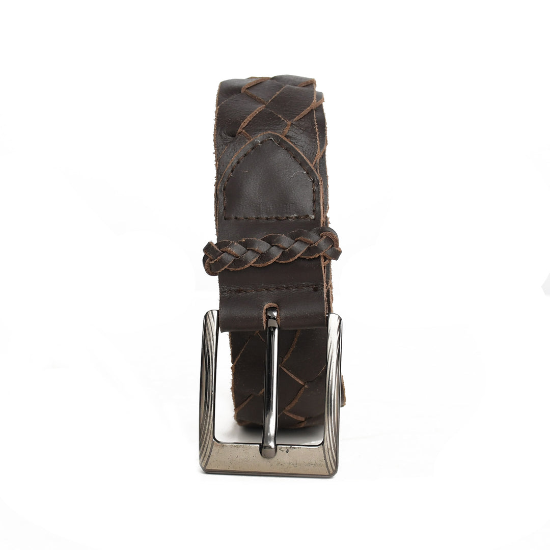 Brown leather belt with braided design on a white background