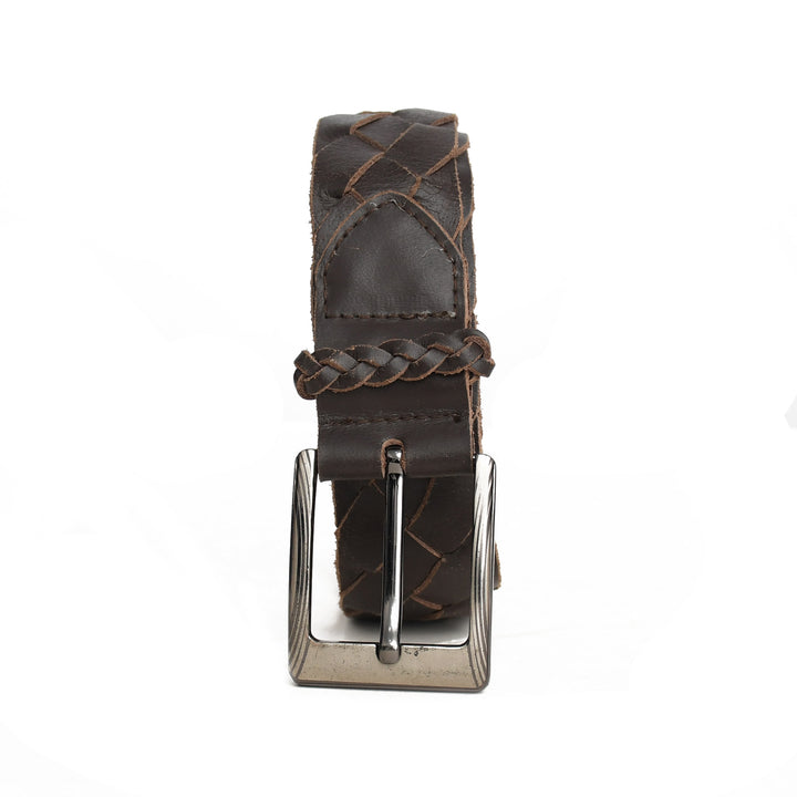 Brown leather belt with braided design on a white background
