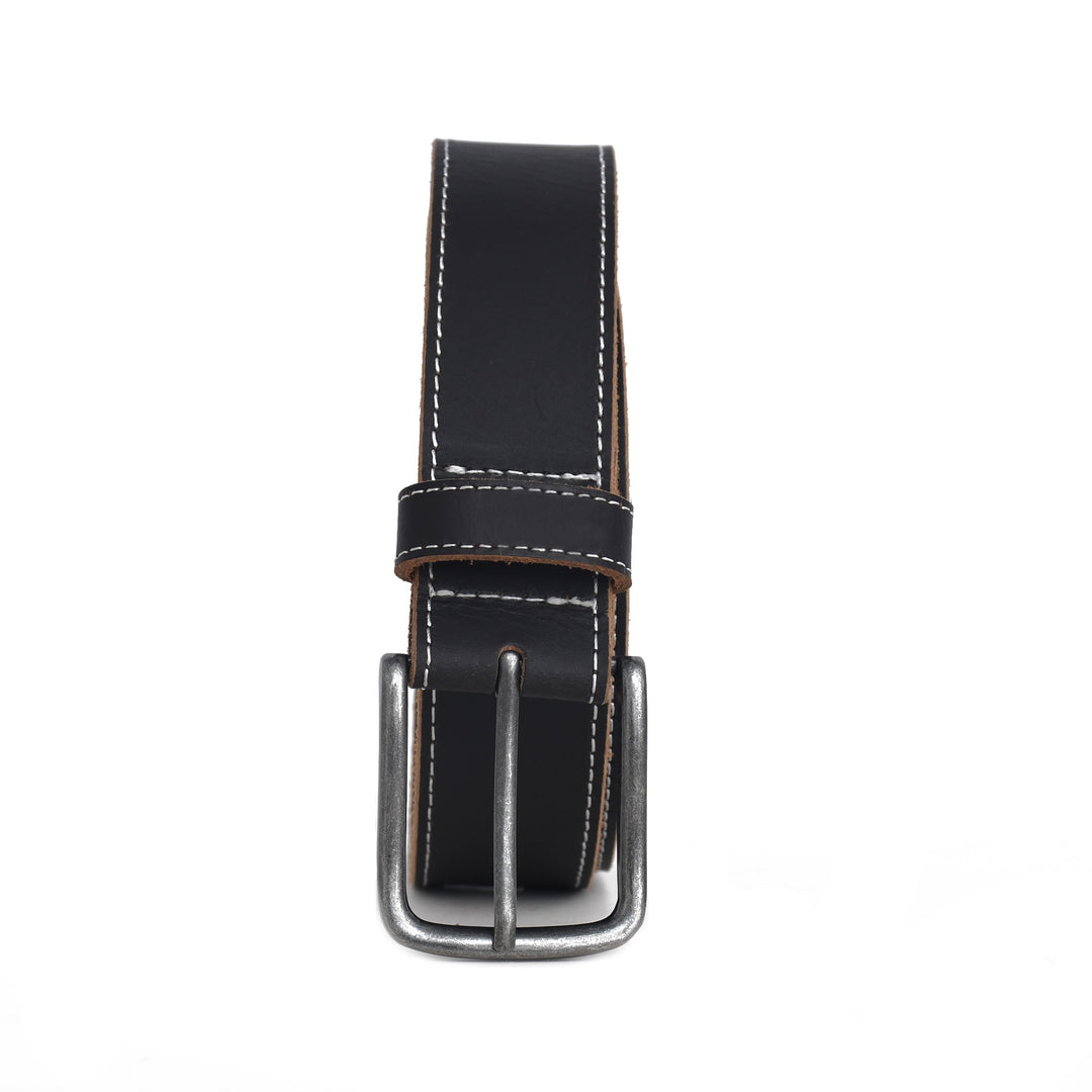 Black leather belt with silver buckle on a white background