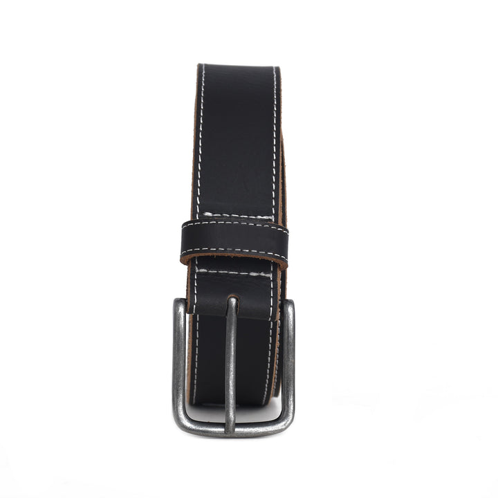 Black leather belt with silver buckle on a white background