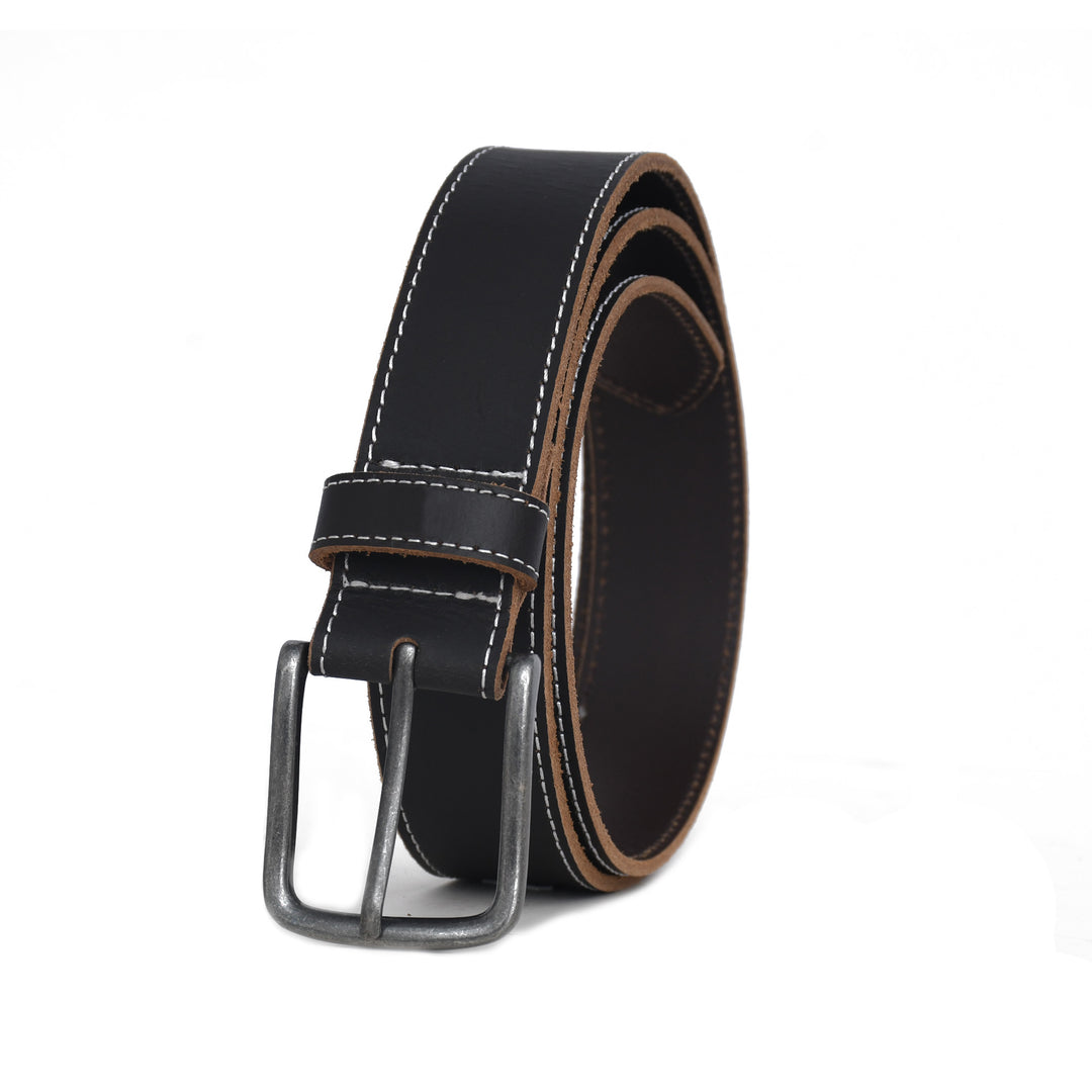 Black leather belt with a silver buckle on a white background