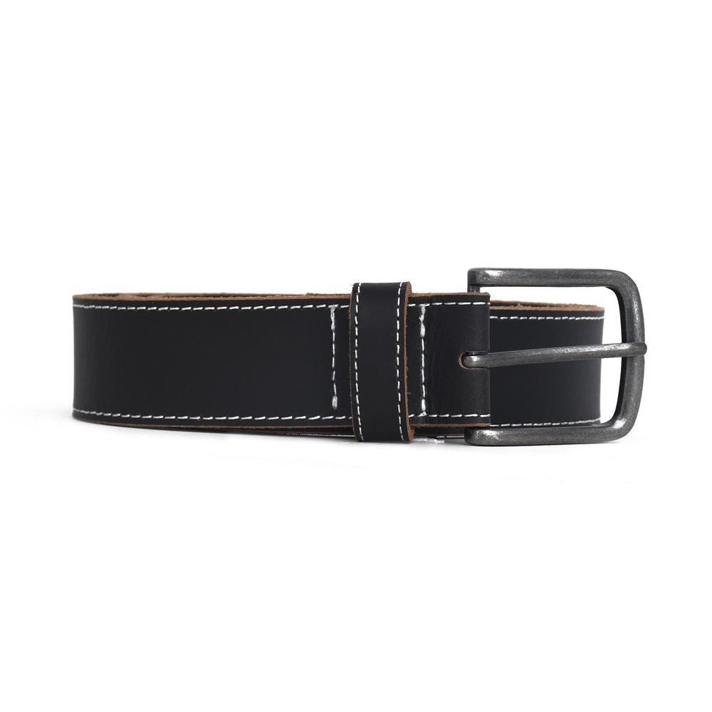 Black leather belt with a silver buckle on a white background
