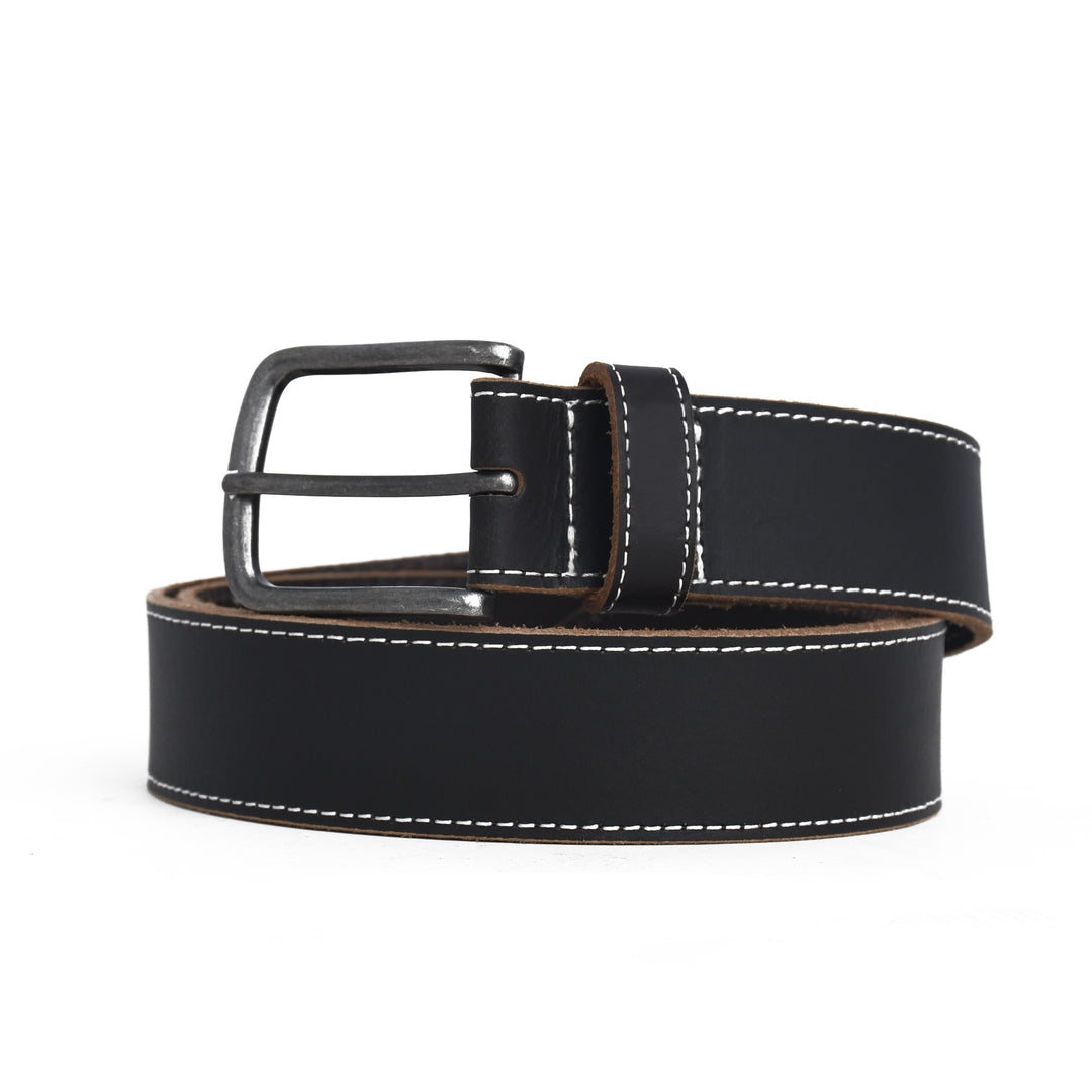 Black leather belt with white stitching on a white background