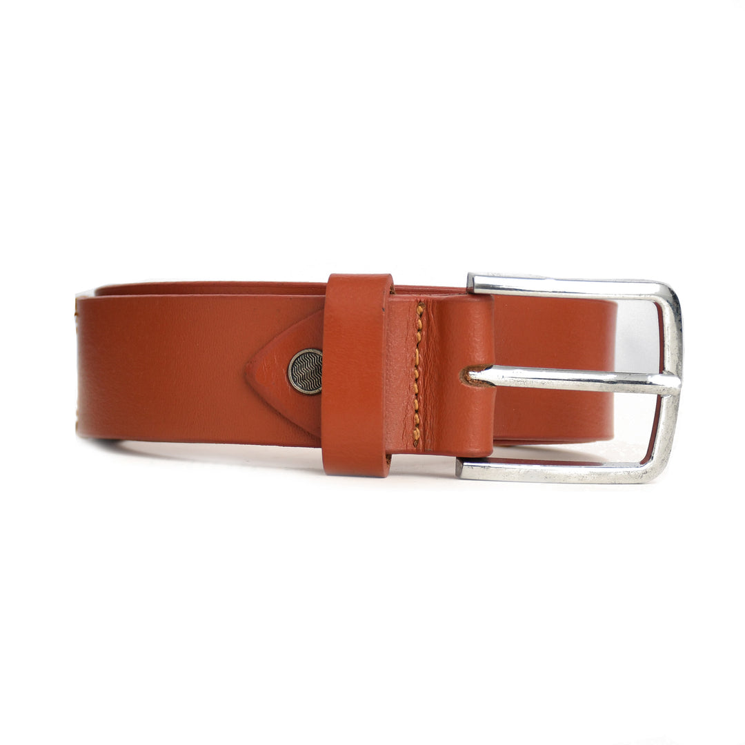 Brown leather belt with silver buckle on a white background