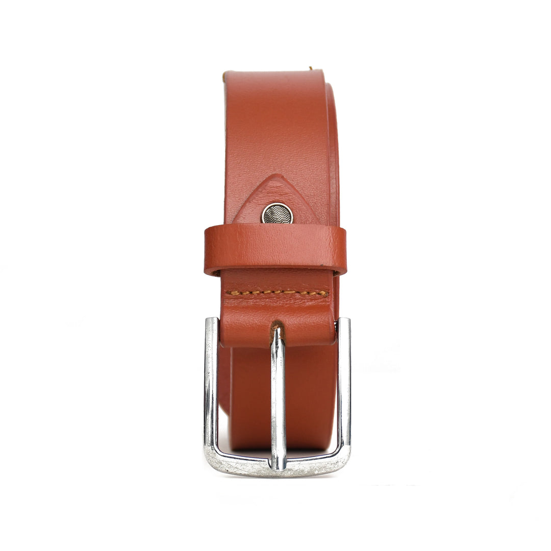 Brown leather belt with silver buckle on a white background