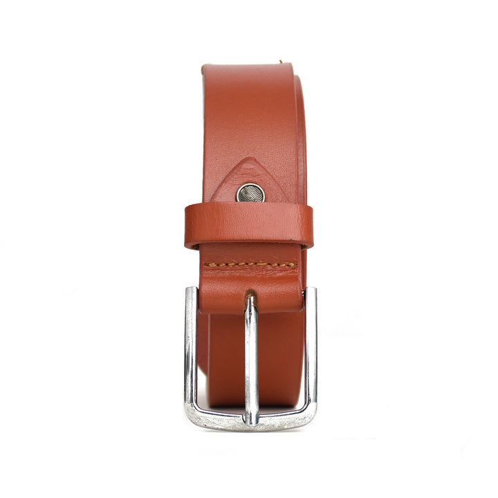 Brown leather belt with silver buckle on a white background