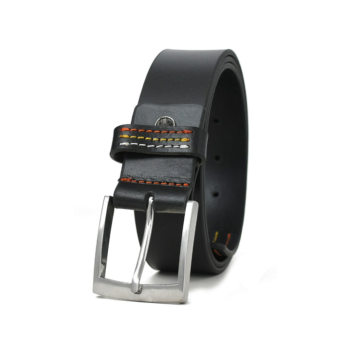 Black leather belt with a silver buckle on a white background