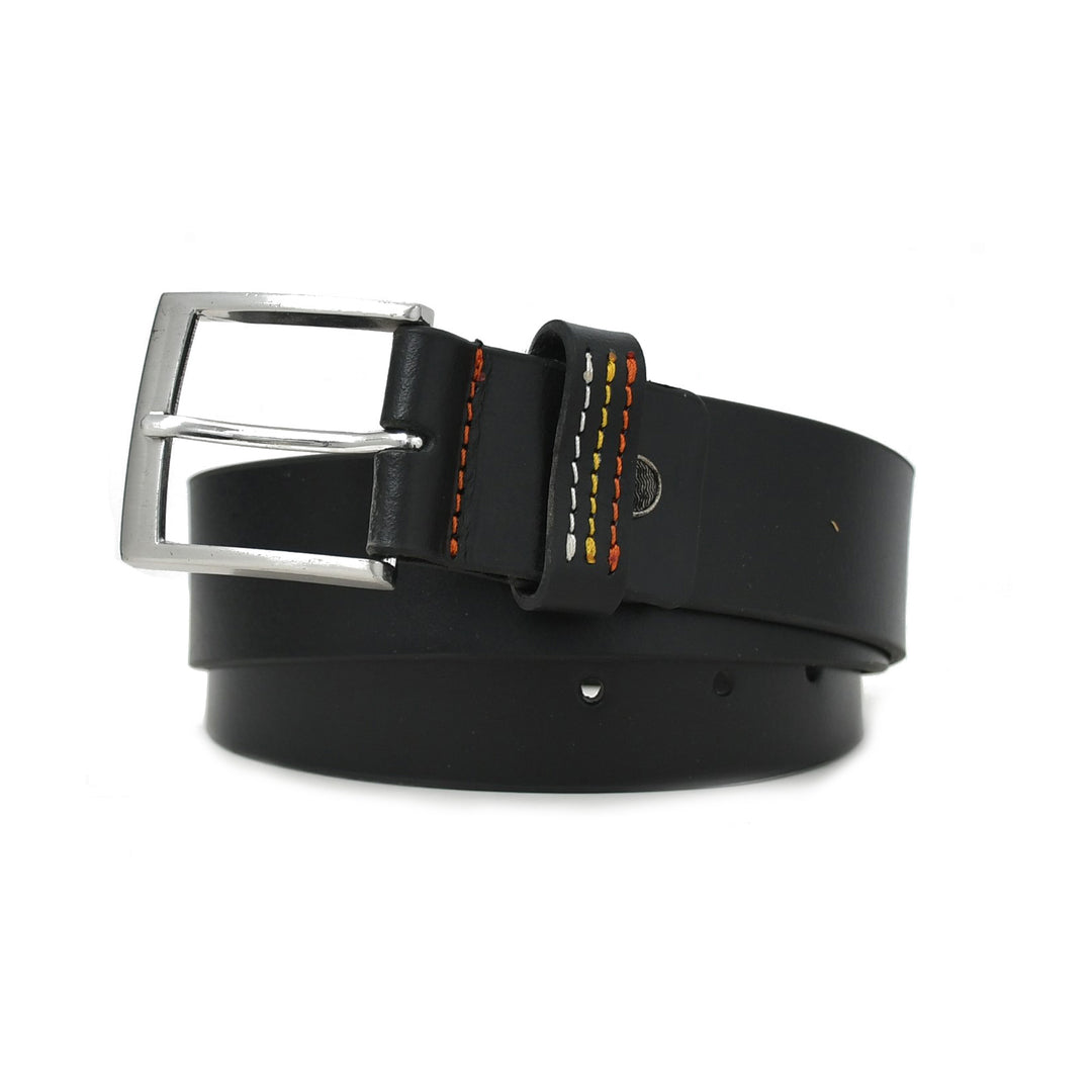 Black leather belt with a silver buckle on a white background