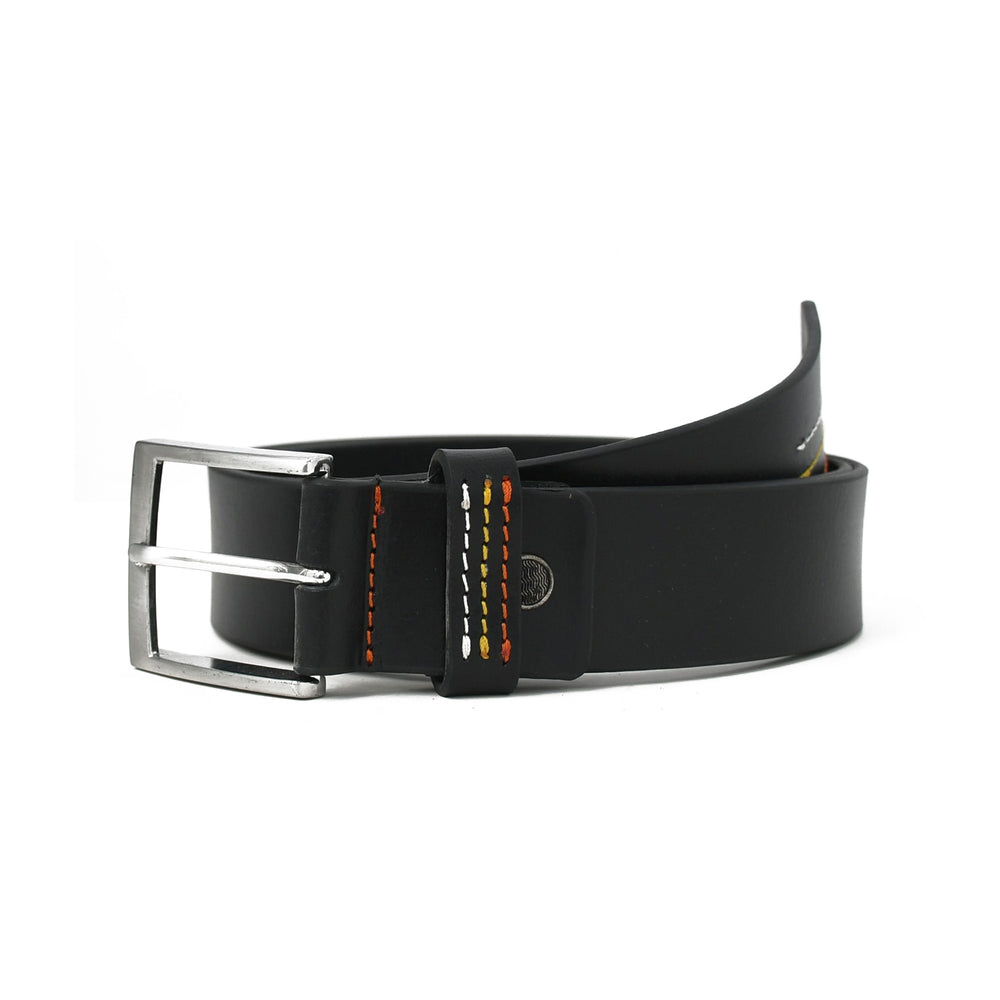 Black leather belt with a silver buckle on a white background