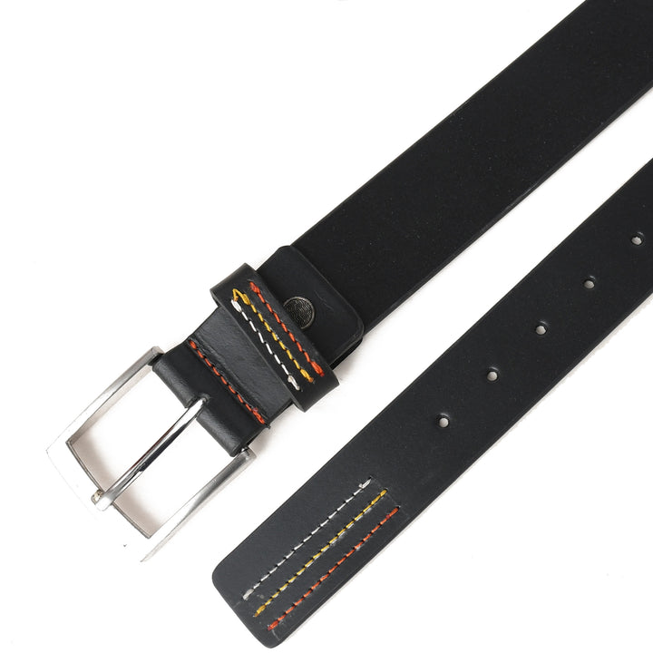 Black belt with a silver buckle on a white background