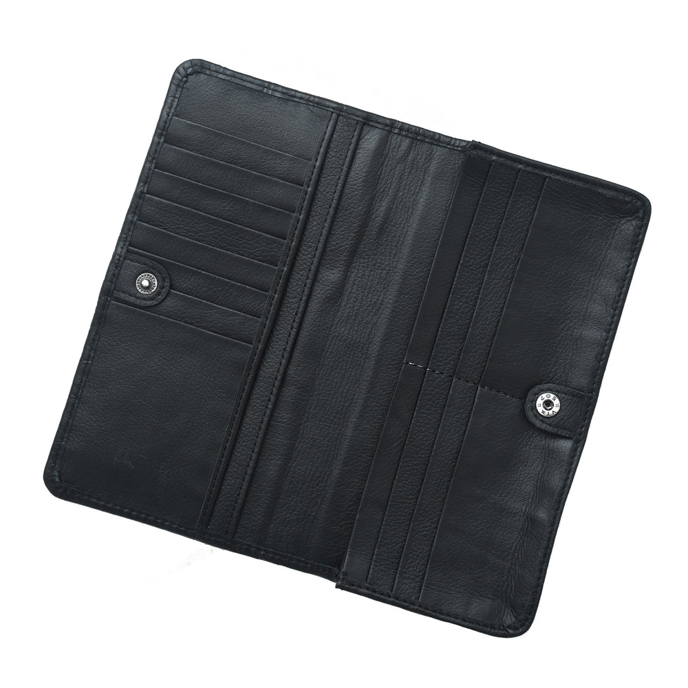 Black leather wallet with button closures on a white background