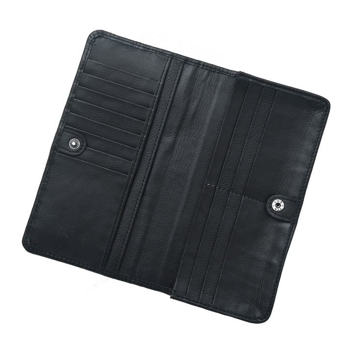 Black leather wallet with button closures on a white background