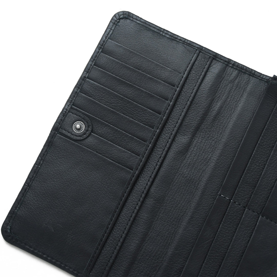 Close-up of a black leather wallet with a button detail on a white background