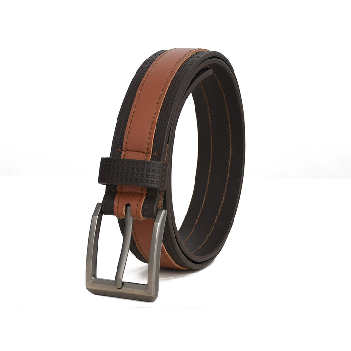 Brown and black belt with a silver buckle on a white background