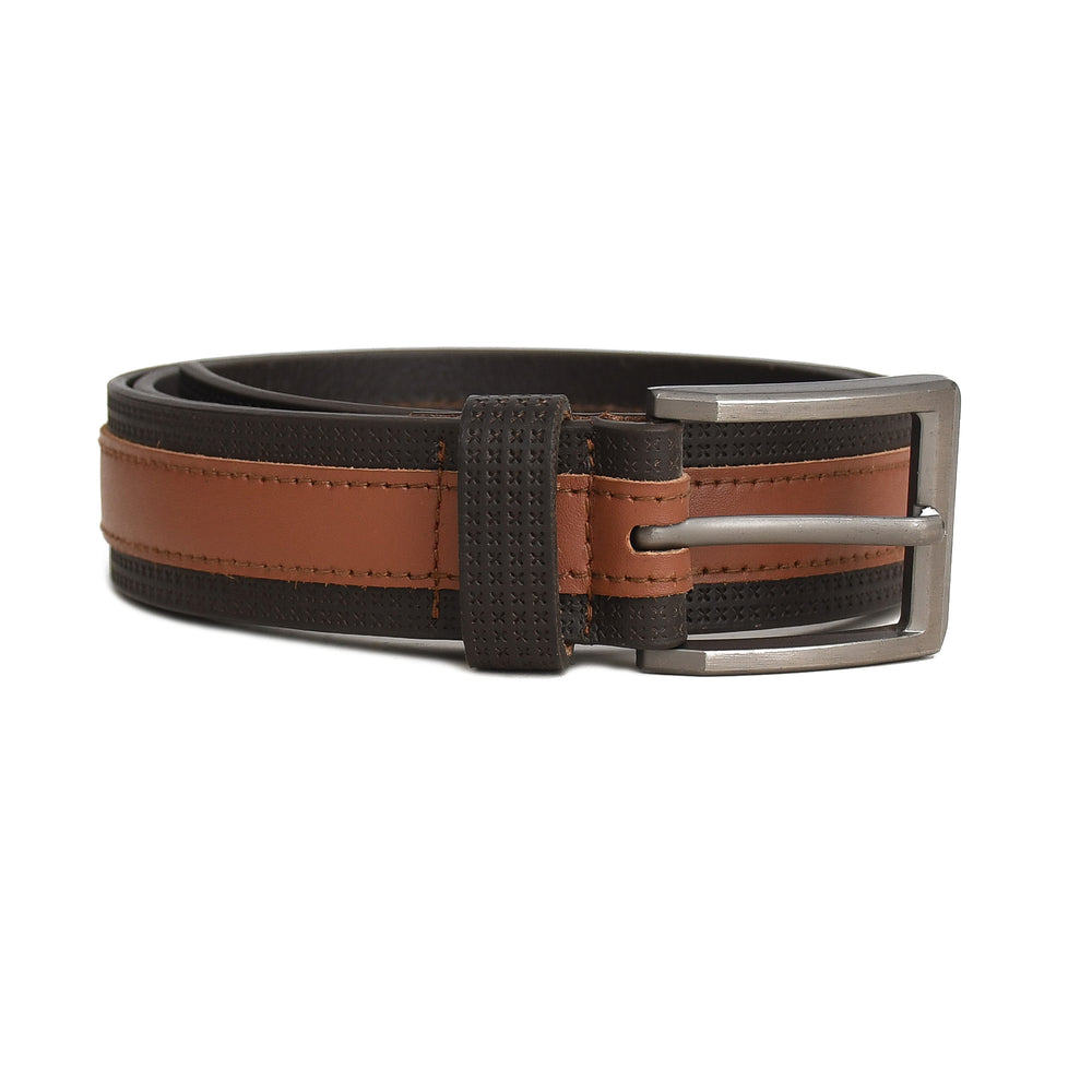Brown and black belt with a silver buckle on a white background