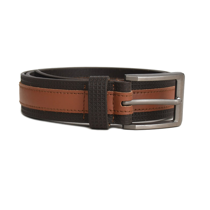 Brown and black belt with a silver buckle on a white background