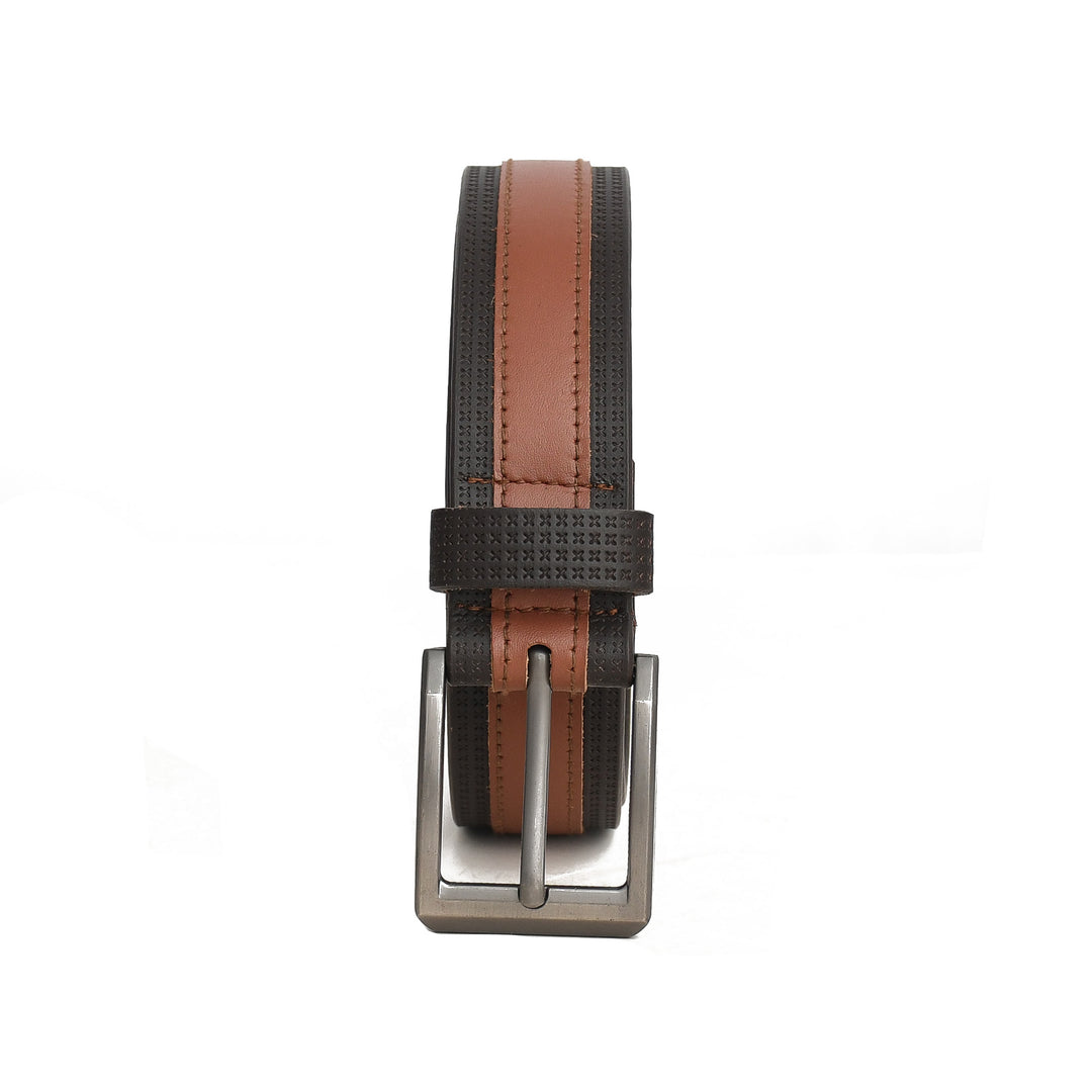 Black and brown belt with a silver buckle on a white background