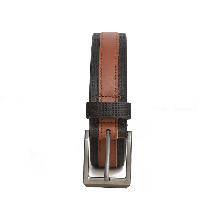 Black and brown belt with a silver buckle on a white background