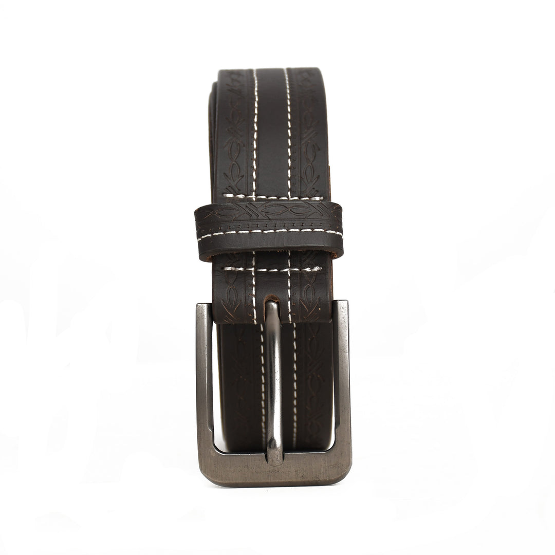 Black leather belt with silver buckle on a white background
