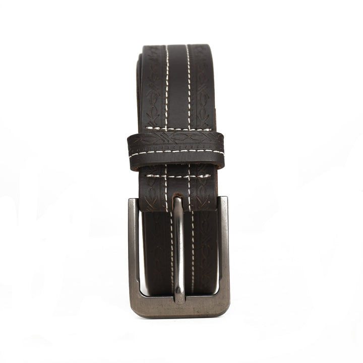 Black leather belt with silver buckle on a white background