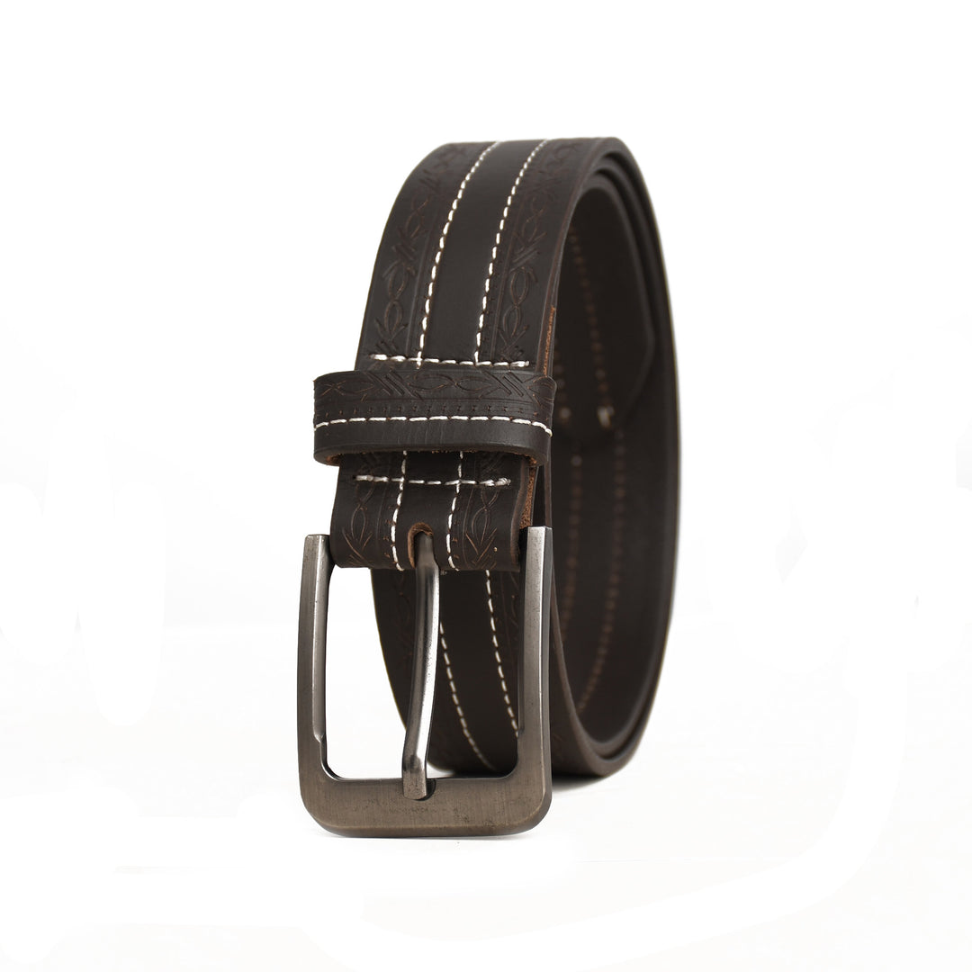 Brown leather belt with silver buckle on a white background