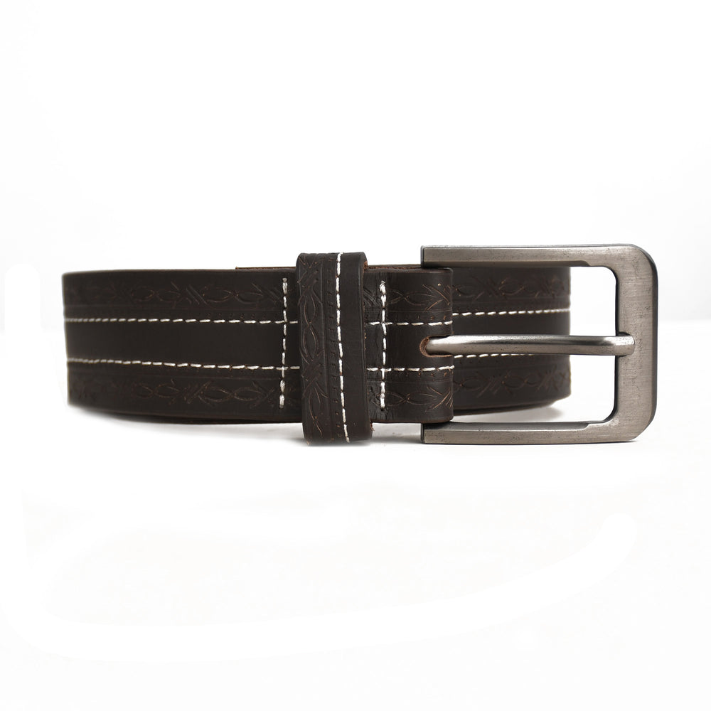 Brown leather belt with silver buckle on a white background