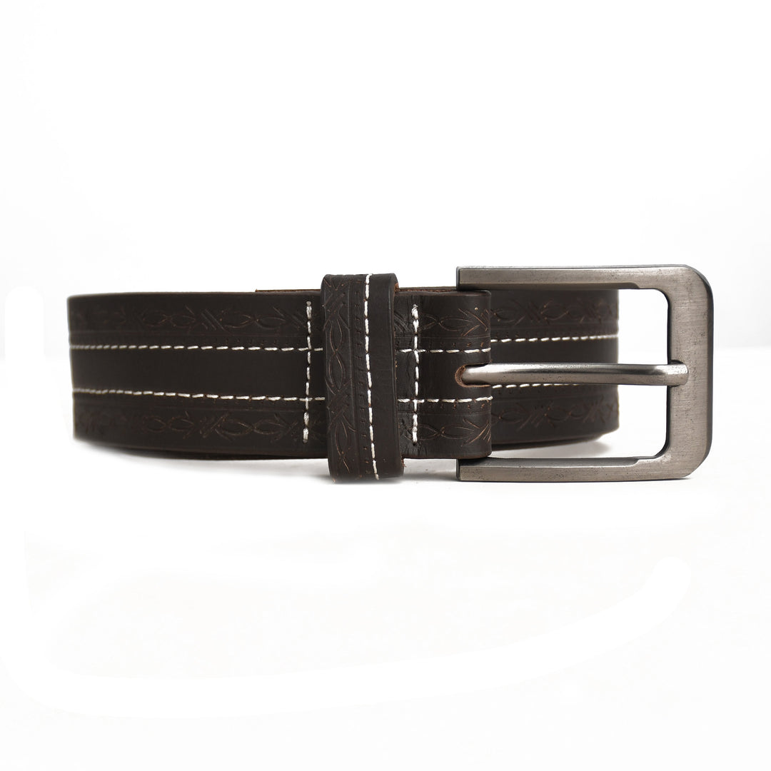 Brown leather belt with silver buckle on a white background