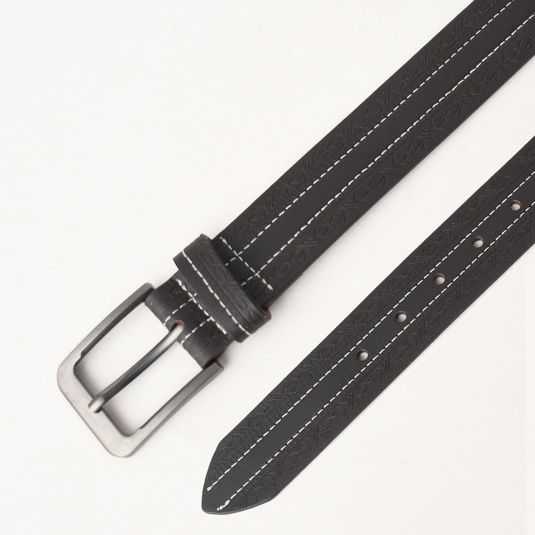 Black leather belt with silver buckle on a white background