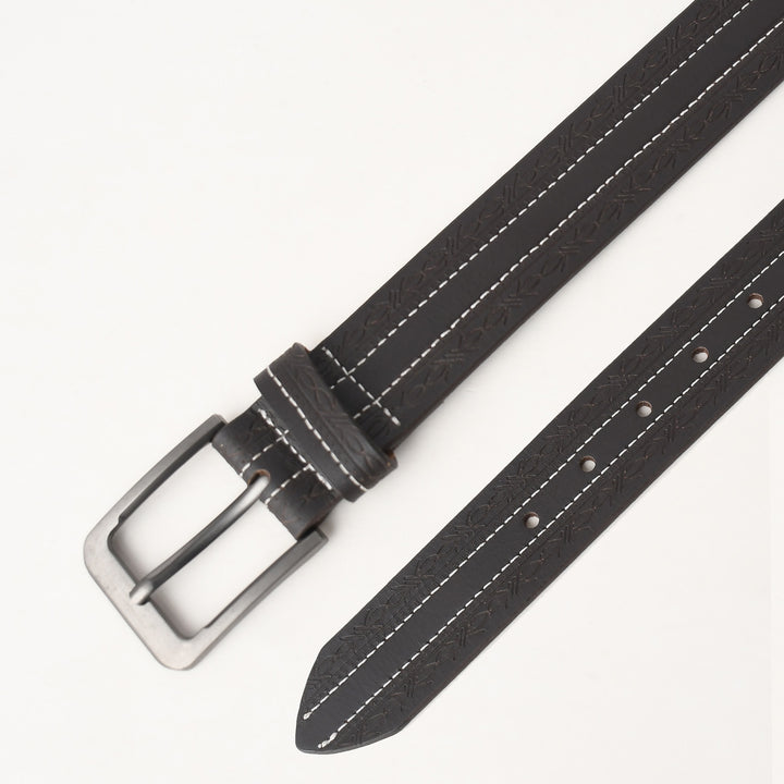 Black leather belt with silver buckle on a white background