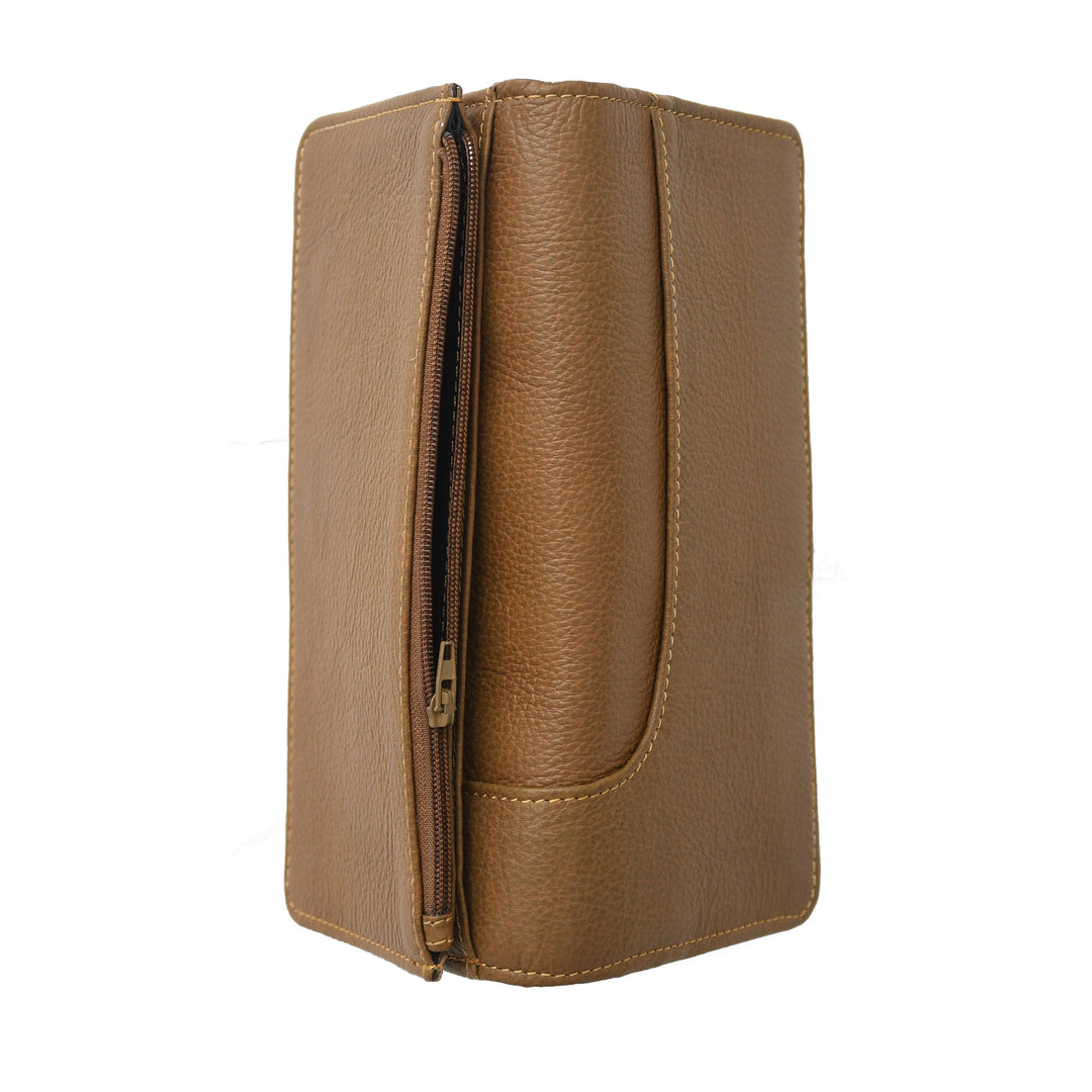 Brown leather wallet with a zipper on a white background