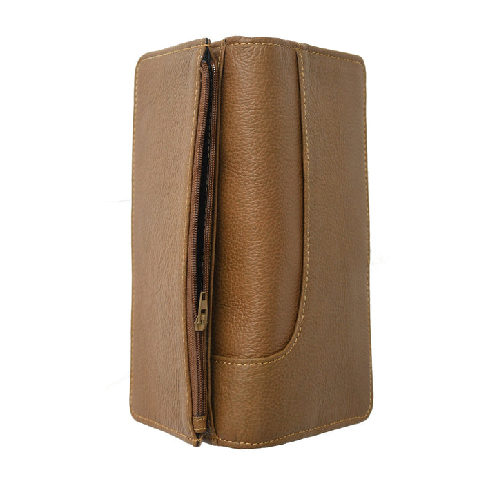 Brown leather wallet with a zipper on a white background