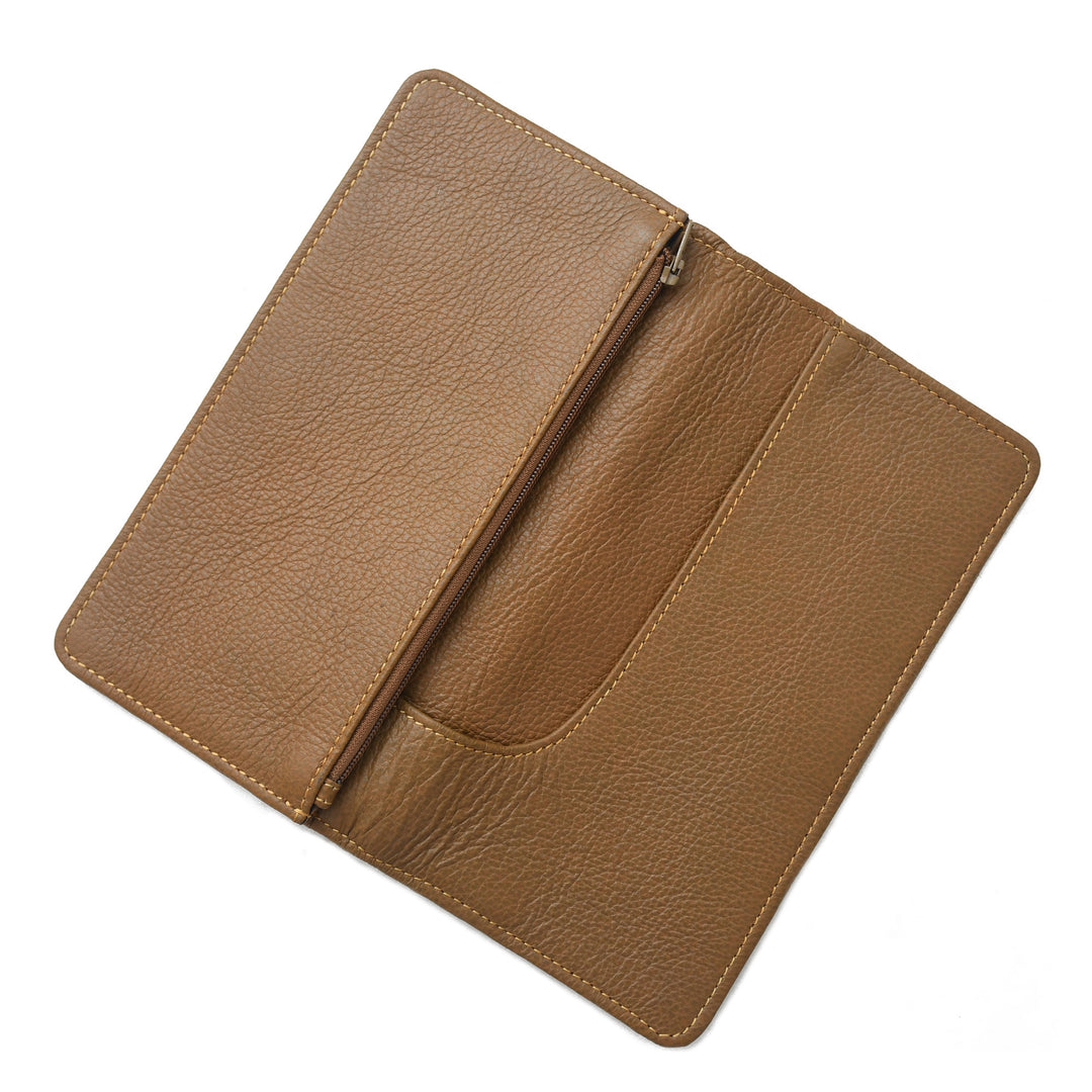 Brown leather pouch with a zipper on a white background