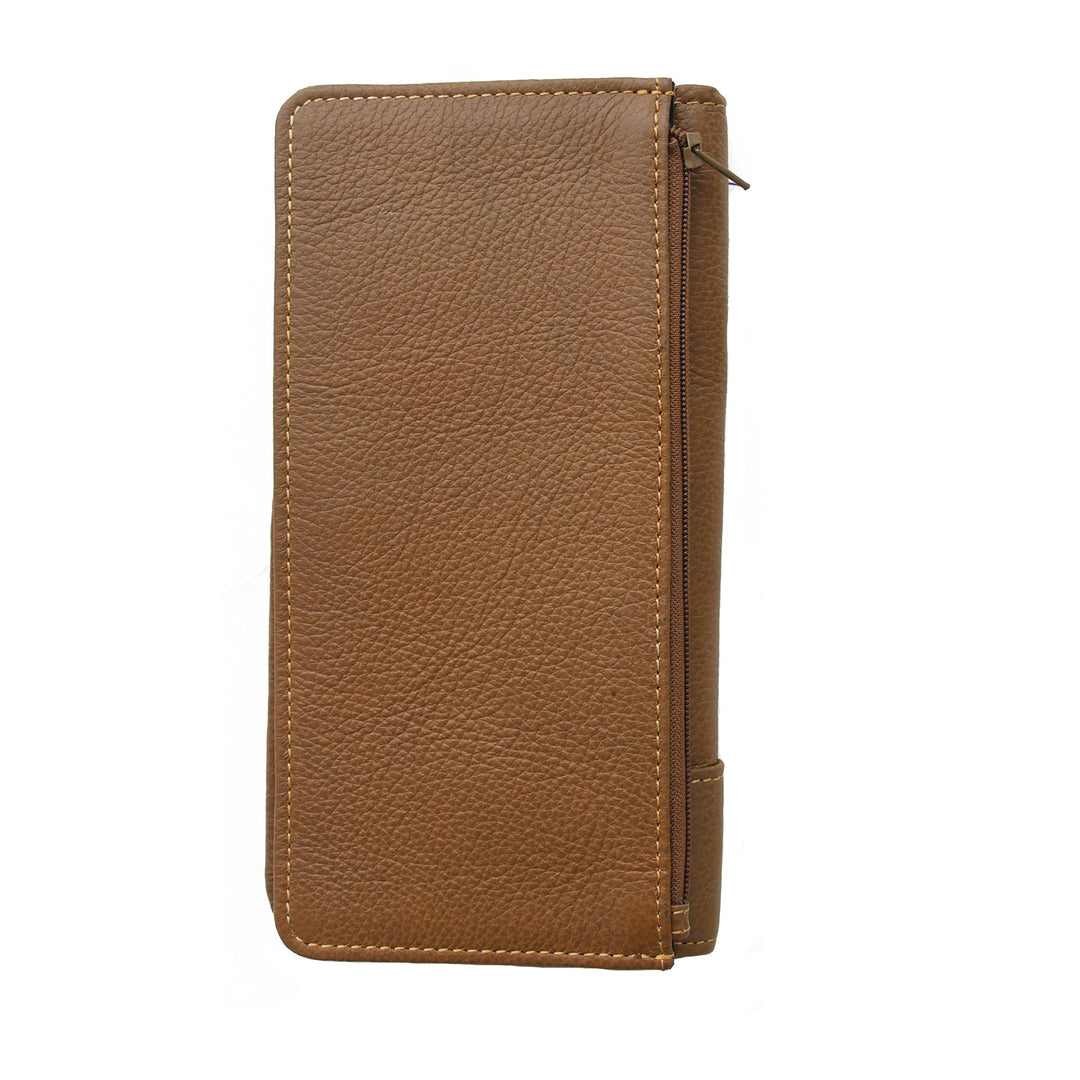 Brown leather wallet with a zipper on a white background