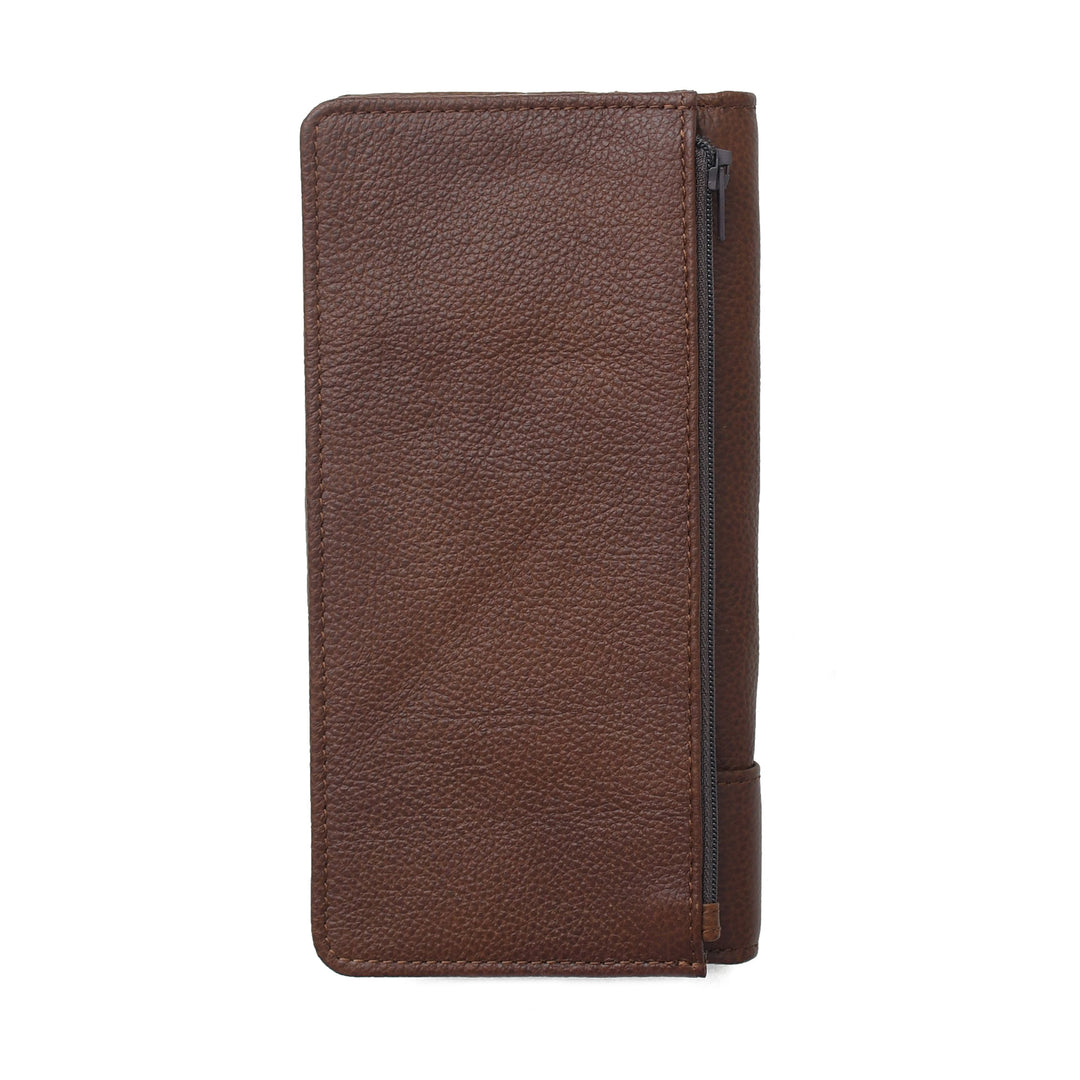 Brown leather wallet with a zipper on a white background