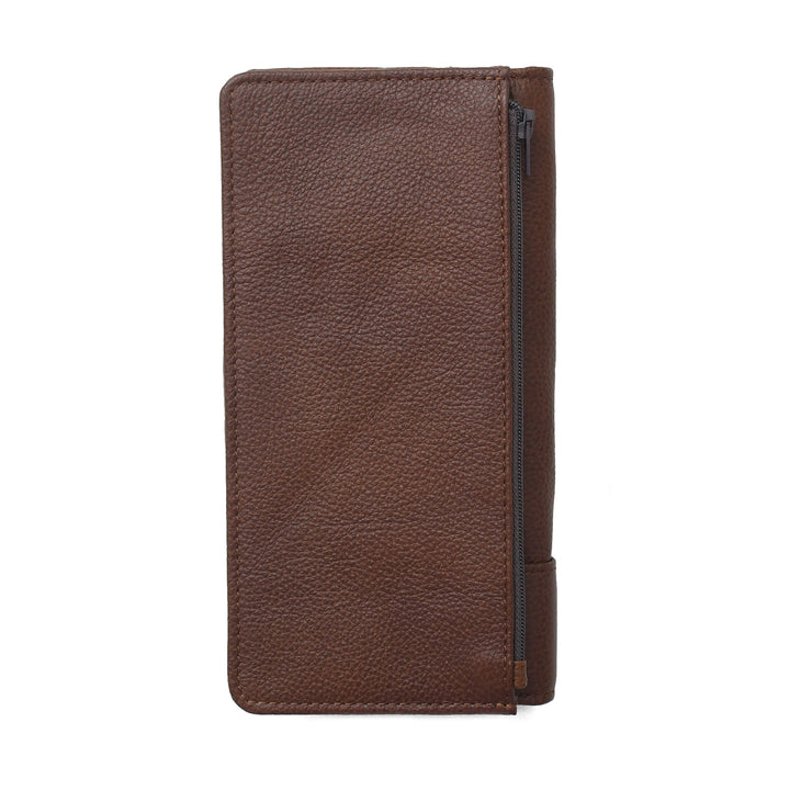 Brown leather wallet with a zipper on a white background