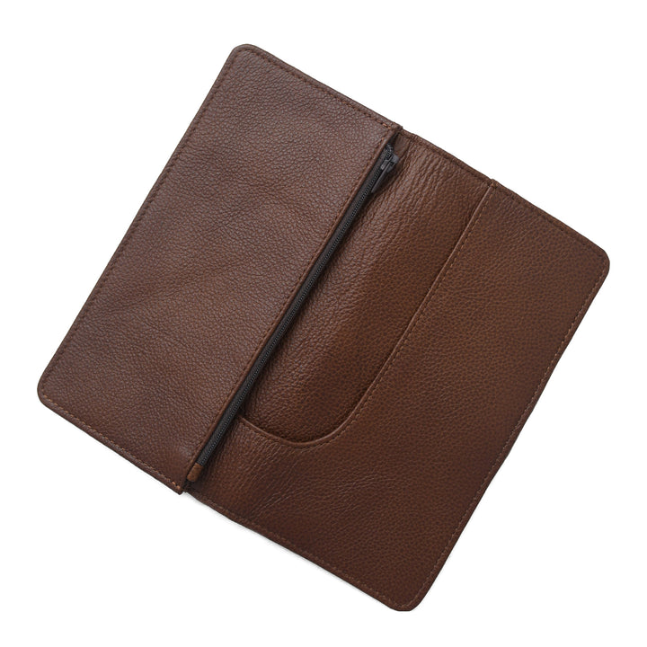 Brown leather case with a zipper on a white background