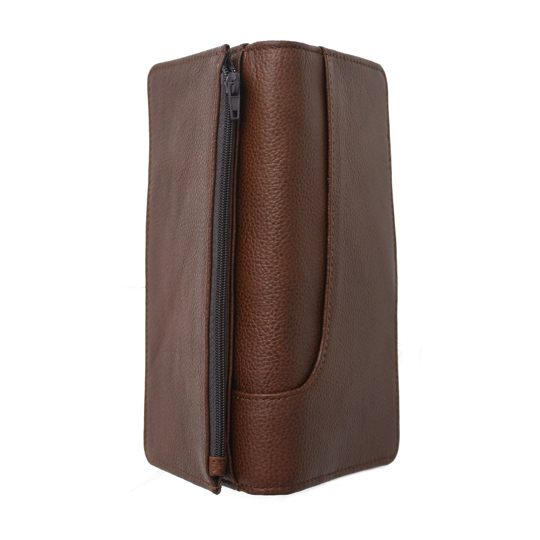 Brown leather zippered pouch on a white background