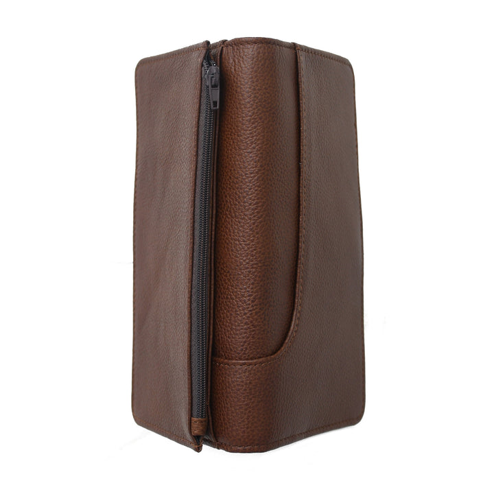 Brown leather zippered pouch on a white background