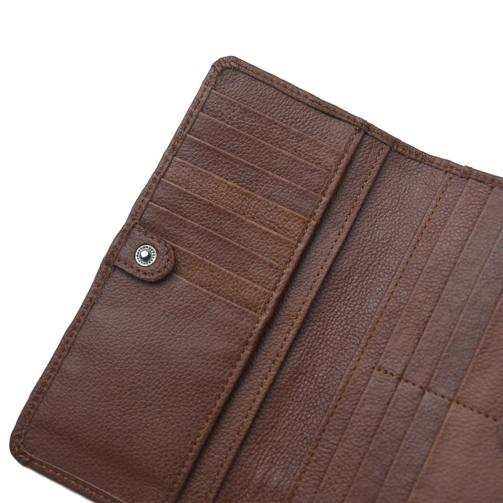 Close-up of a brown leather wallet on a white background
