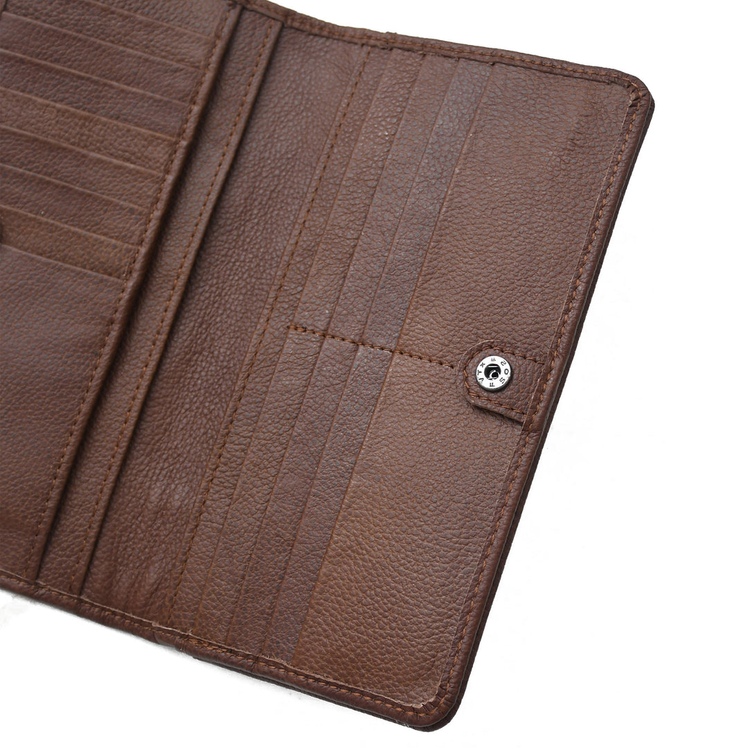 Close-up of a brown leather wallet on a white background